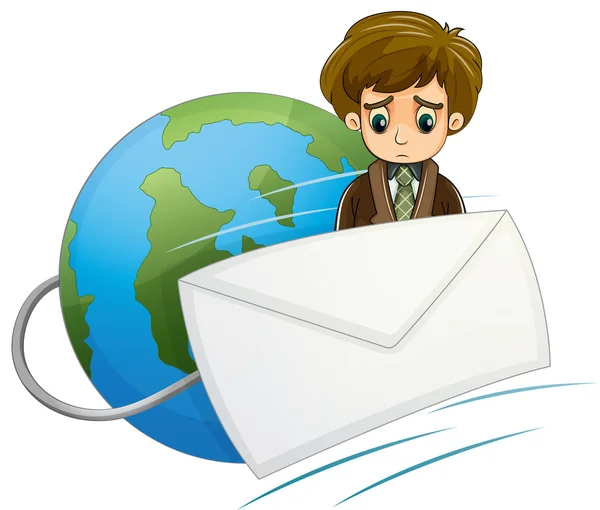 A sad man in the middle of the envelope and the globe — Stock Vector