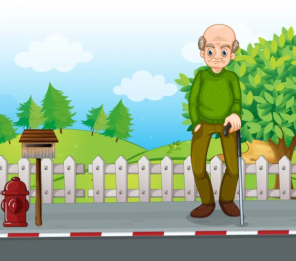 An old man at the road with a cane — Stock Vector