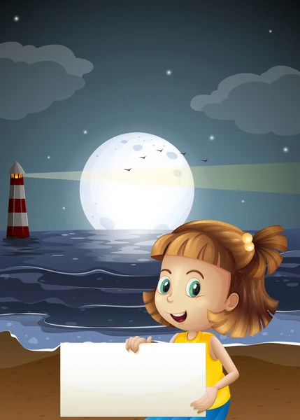 Une jolie petite fille tenant un panneau vide à la plage — Image vectorielle
