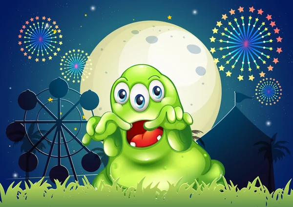 A green monster scaring at the amusement park — Stock Vector