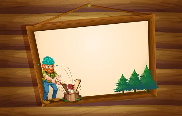 Μια κρεμώντας ξύλινη πινακίδα με ένα ξυλοκόπος κοπής στο δάσος — Διανυσματικό Αρχείο