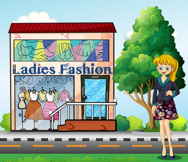 Uma senhora na frente da loja de moda das senhoras — Vetor de Stock