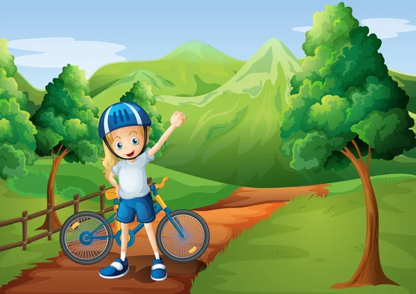 A cute little girl and her bike at the pathway near the wooden f — Stock Vector