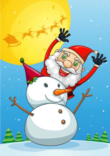 Un feliz Santa Claus en la parte posterior del muñeco de nieve — Vector de stock