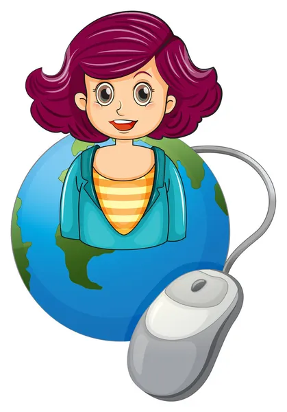 A smiling woman above the earth with a computer mouse — Stock Vector