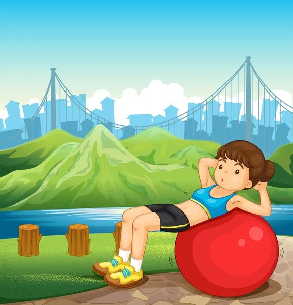 A girl exercising near the river across the tall buildings — Stock Vector