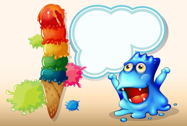 A happy blue monster beside the huge icecream — Stock Vector
