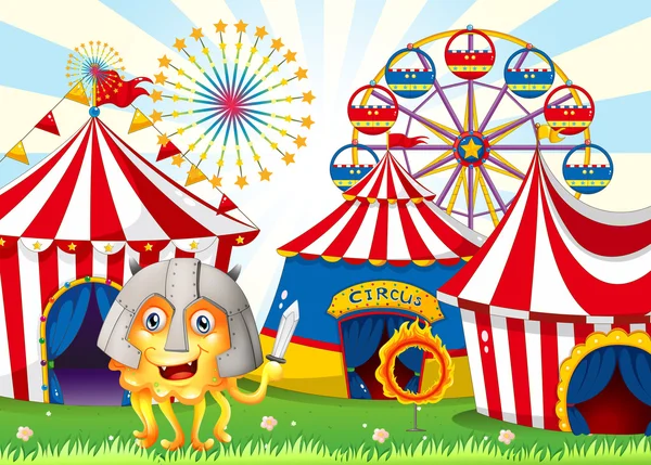 A monster at the carnival wearing a safety helmet and holding a — Stock Vector