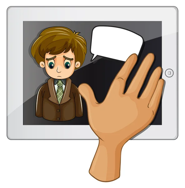 A hand touching the gadget with a sad man — Stock Vector