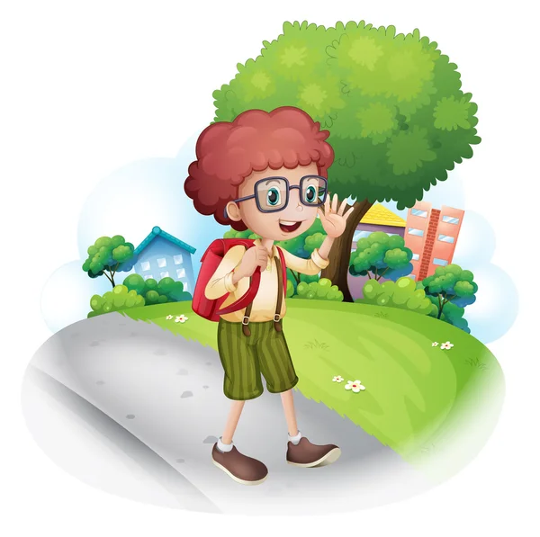 A boy walking at the street carrying a backpack — Stock Vector