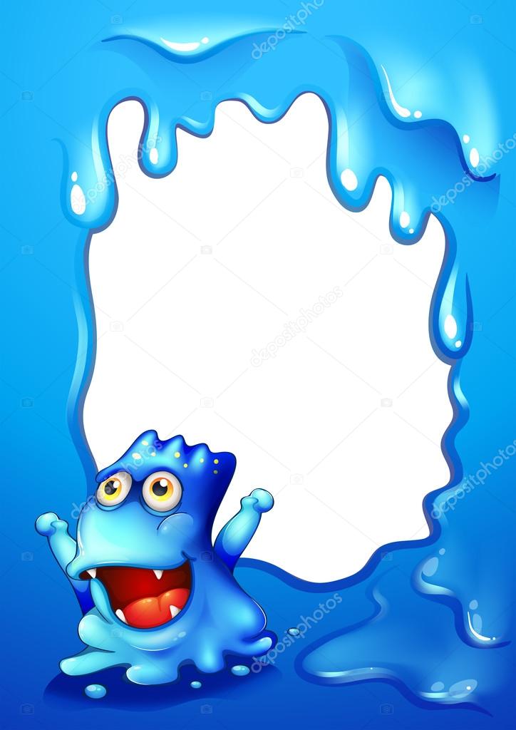 A blue border design with a monster wondering