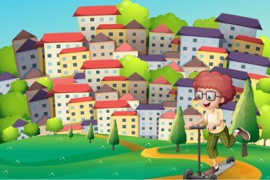 hills adlı bir scooter ile oynarken mutlu bir çocuk