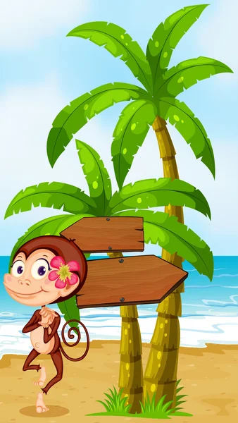A monkey in a hawaiian attire dancing near the wooden arrowboard — Stock Vector
