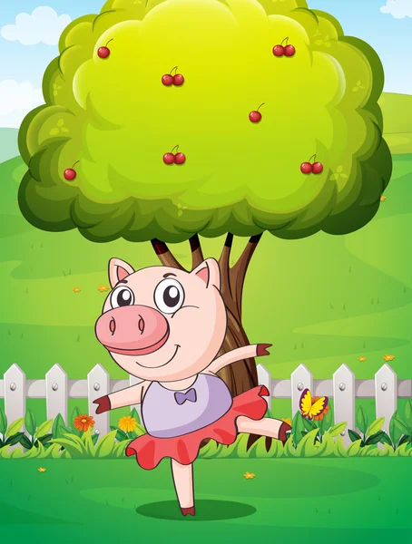 Büyük ağacın yanında bahçesinde oynarken dişi domuz — Stok Vektör