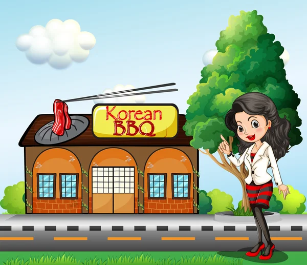 A girl in front of the Korean BBQ store — Stock Vector