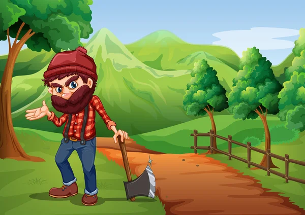 A woodman holding an axe at the pathway near the wooden fence — Stock Vector