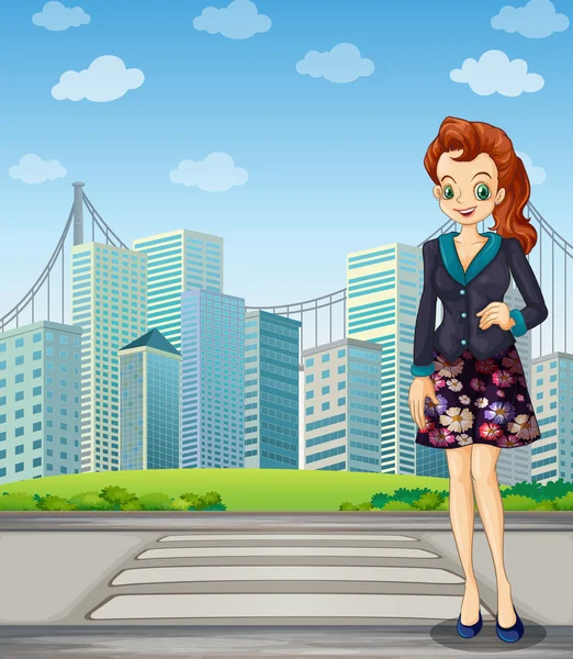 A tall woman standing near the pedestrian lane — Stock Vector