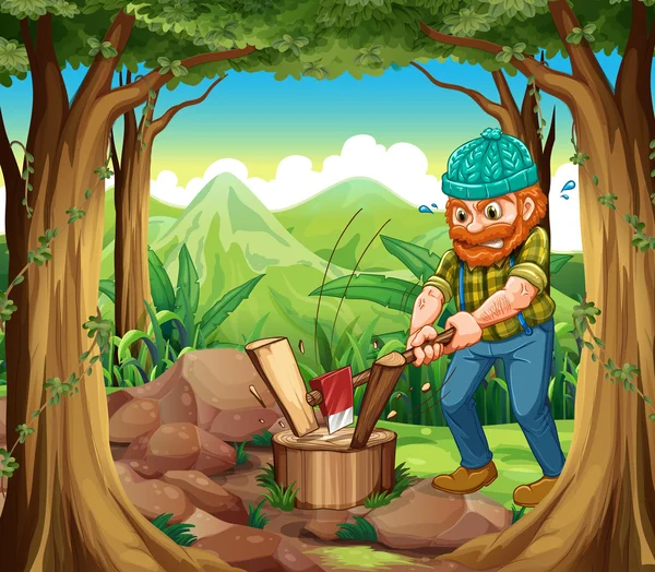 A woodman chopping the woods in the forest near the rocks — Stock Vector