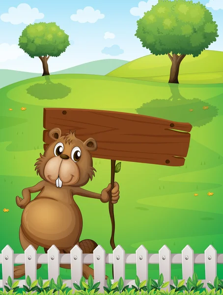 A beaver holding an empty signboard standing near the fence — Stock Vector