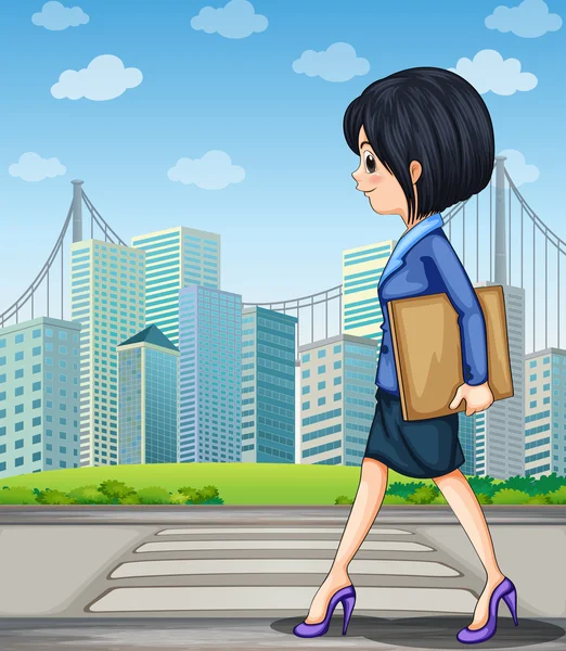Une femme marchant dans la rue près de la voie piétonne — Image vectorielle