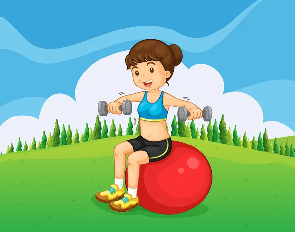 A girl exercising with a barbell and a bouncing ball — Stock Vector