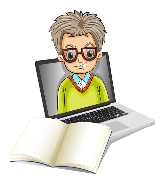 An image of a man inside a laptop with an empty notebook — Stock Vector