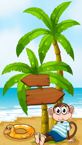 A monkey sitting below the wooden arrowboard — Stock Vector