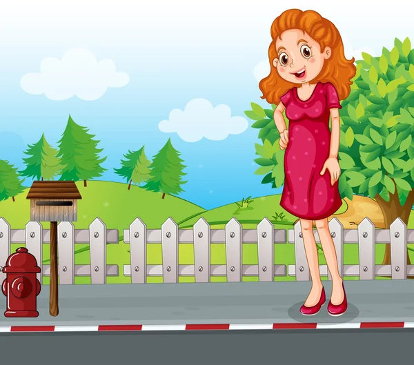 A woman at the roadside near the wooden mailbox — Stock Vector