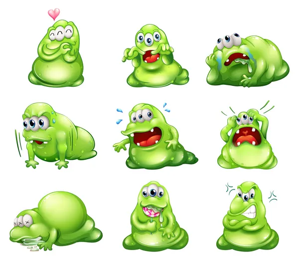 从事不同活动的九个绿色小怪物 — 图库矢量图片