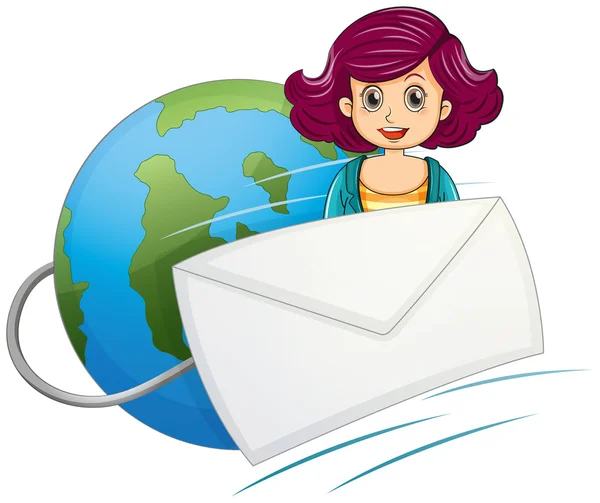 A globe with a wired envelope and a woman — Stock Vector