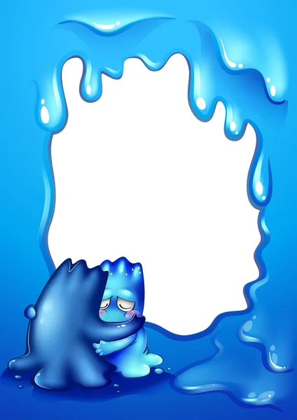 Une bordure bleue avec deux monstres se réconfortant mutuellement — Image vectorielle