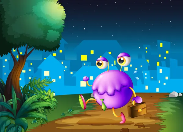 Un monstruo púrpura sosteniendo una bolsa caminando en medio de la noche — Vector de stock
