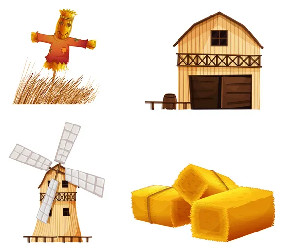 Maisons de grange, foin et un épouvantail — Image vectorielle