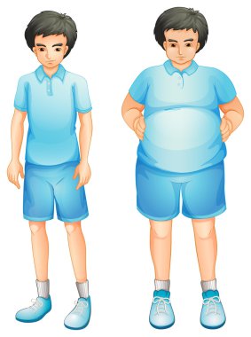 ve bir mavi spor üniformalı bir şişman çocuk ince bir