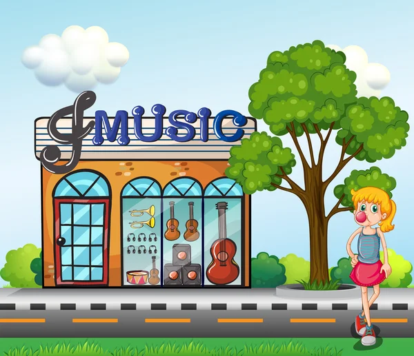 A young girl in front of the music store — Stock Vector