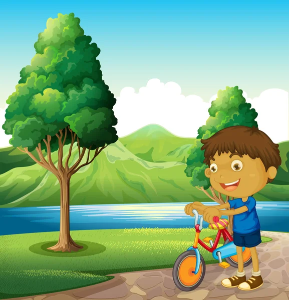 Un niño en la orilla del río jugando con su bicicleta — Vector de stock