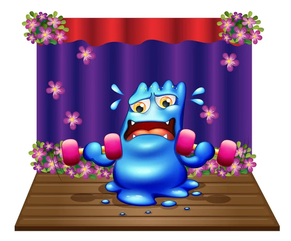 A blue monster exercising in the middle of the stage — Stock Vector