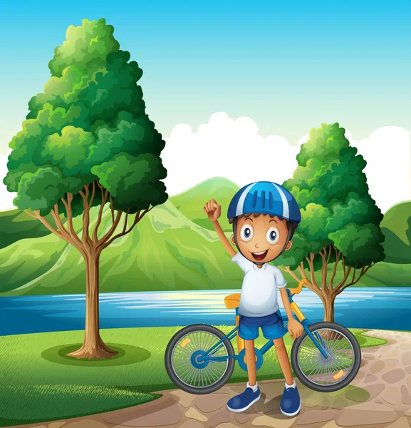 Ein lächelnder kleiner Junge am Flussufer mit seinem Fahrrad — Stockvektor