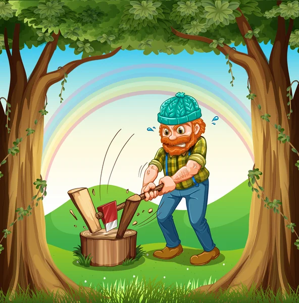 Un hombre cortando el bosque cerca de los árboles — Vector de stock