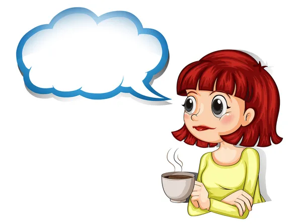 A woman having her cup of coffee with an empty cloud template — Stock Vector