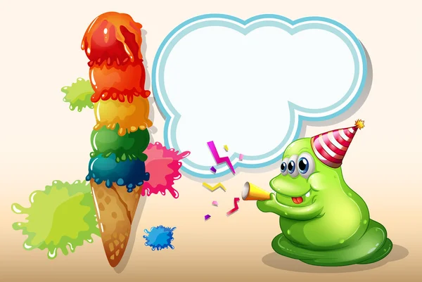 Un monstruo verde celebrando cerca del gran helado — Vector de stock