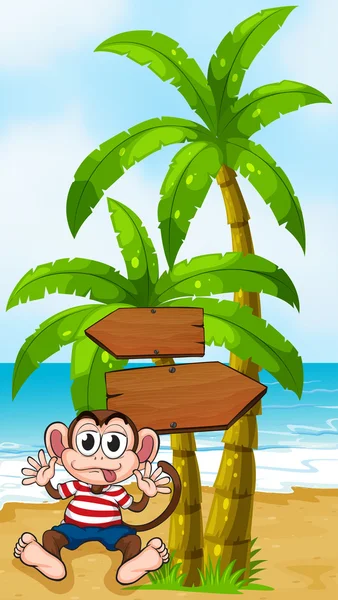 A boastful monkey at the beach near the arrowboards — Stock Vector