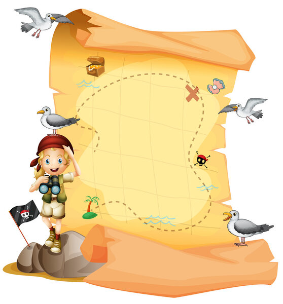 A treasure map and a young girl holding a telescope