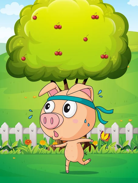 Een varken uit te oefenen in de buurt van de boom — Stockvector