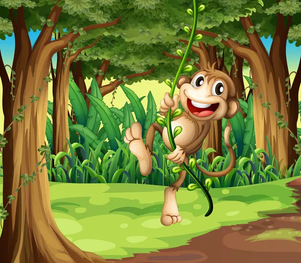 Ein Affe, der inmitten des Waldes mit den Reben spielt — Stockvektor