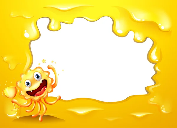 Un gabarit bordure jaune avec un monstre tenant un trophée — Image vectorielle