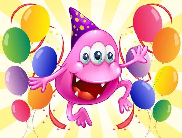 Ein pinkfarbenes Beanie-Monster in der Mitte der Ballons — Stockvektor