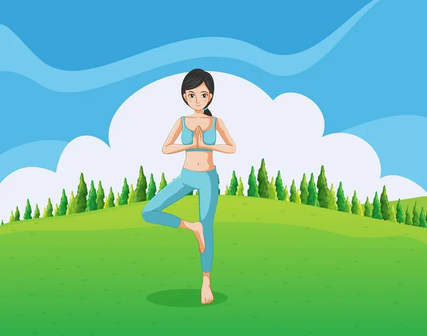 Une femme mince faisant du yoga à la colline — Image vectorielle