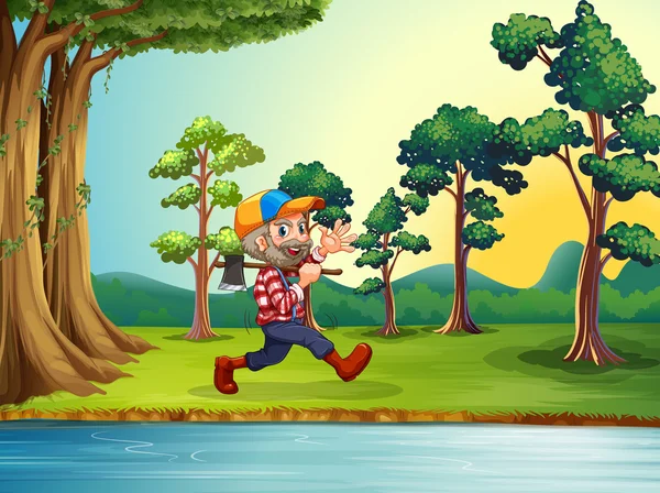 A happy woodman walking at the riverbank — Stock Vector
