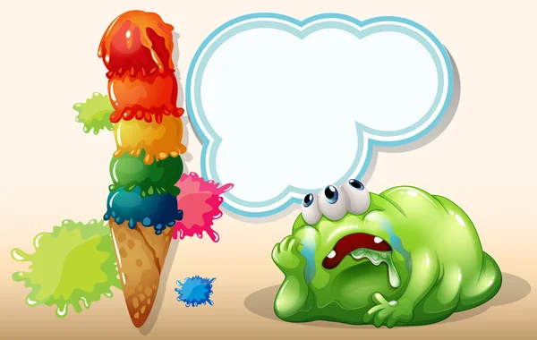 A fat green monster lying down near the giant icecream — Stock Vector